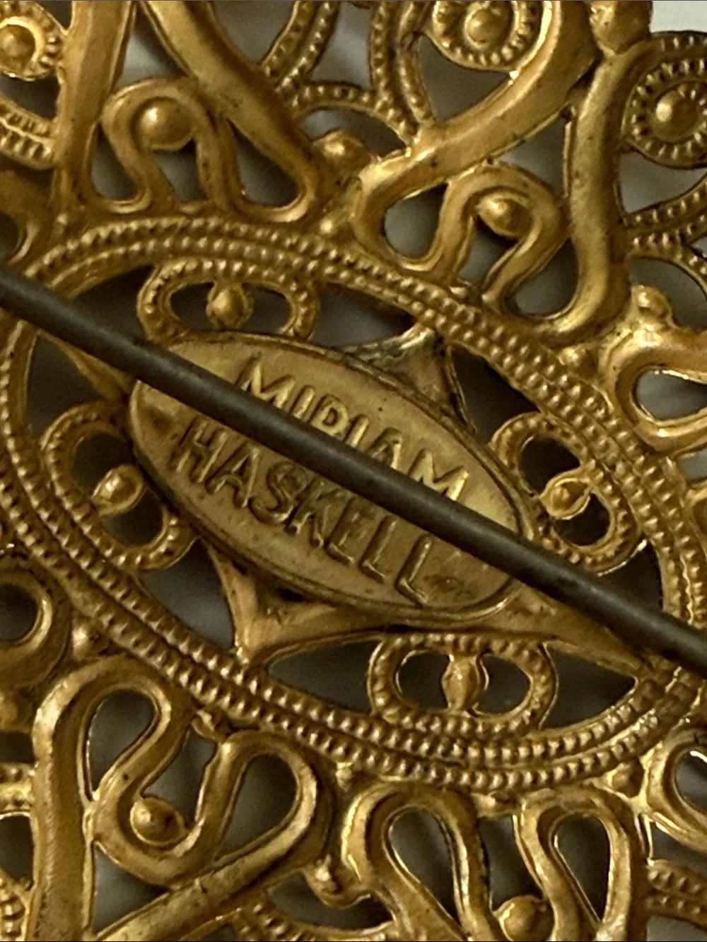 Vintage Miriam Haskell antique revival gold tone Filigree Oval Brooch pin